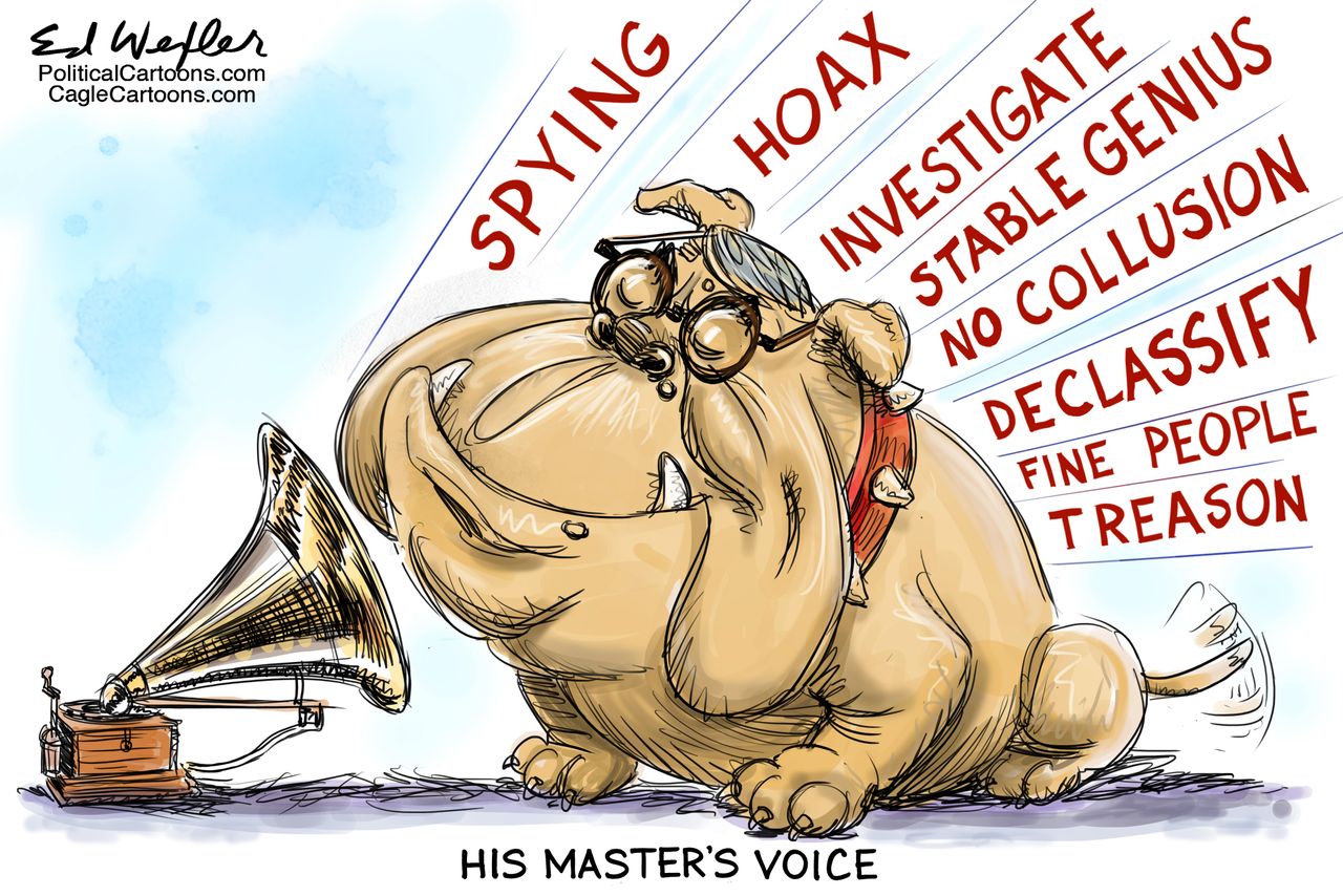 Political Cartoon U.S. AG Barr Investigation Trump His Masters Voice