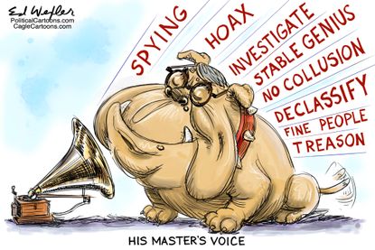 Political Cartoon U.S. AG Barr Investigation Trump His Masters Voice