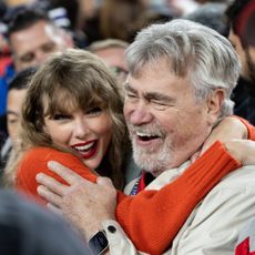 Taylor Swift hugs Ed Kielce after the AFC Championship NFL football game between the Kansas City Chiefs and Baltimore Ravens at M&T Bank Stadium on January 28, 2024 in Baltimore, Maryland. 