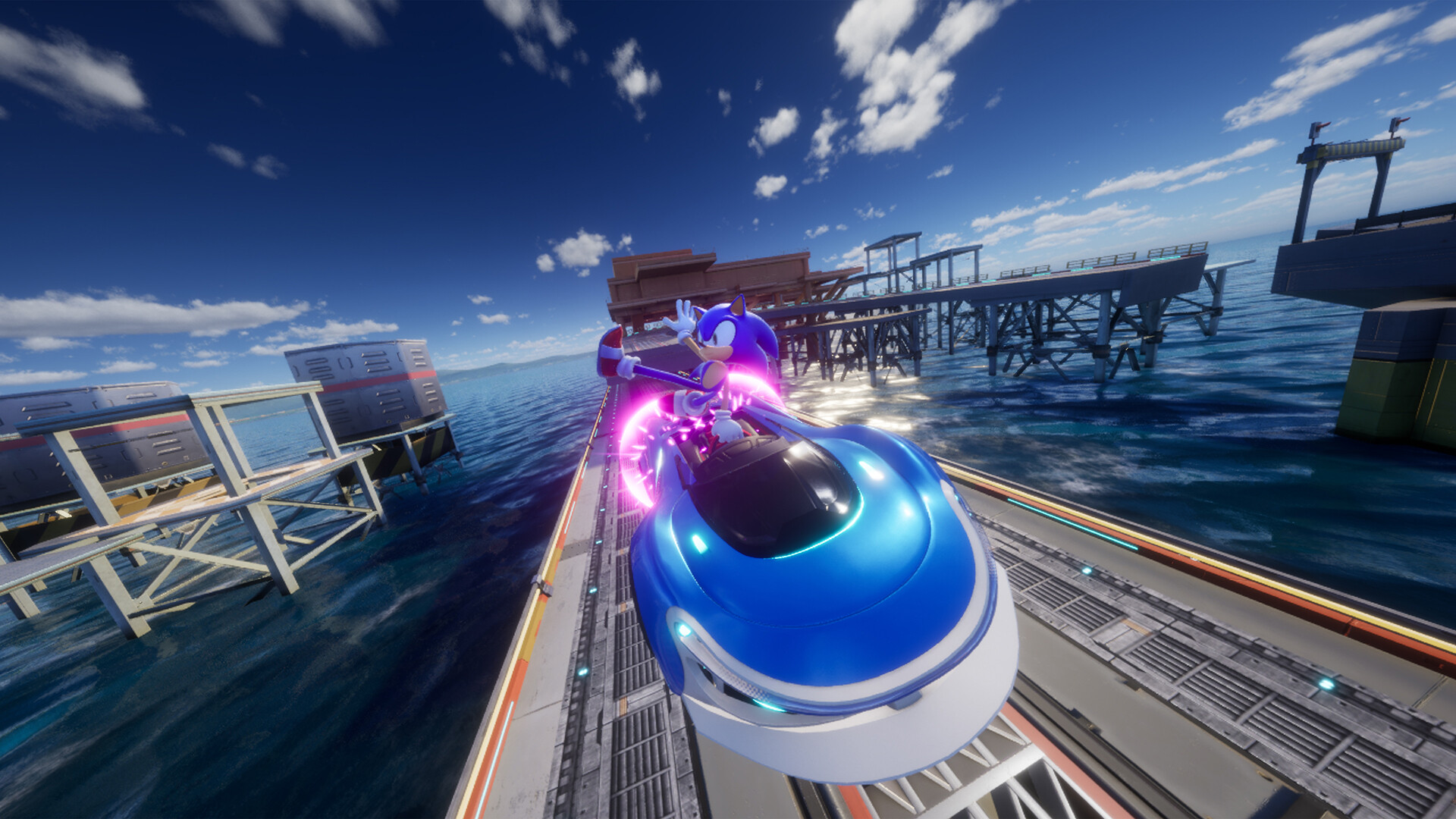 Sonic tricks in the air while racing a blue vehicle across a dock