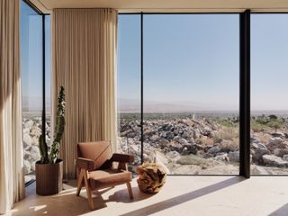 View of desert from living space inside Desert Palisades, Palm Springs house