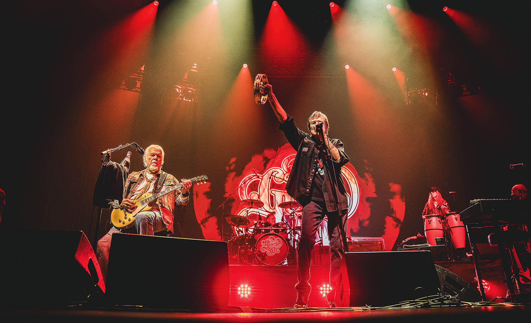 The Guess Who onstage in 2026: Randy Bachman [left] is playing Steve Lukather's lightweight backup Les Paul goldtop