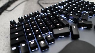 An ergonomic gaming keyboard up-close.