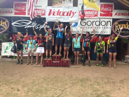 The women&rsquo;s podium at the race