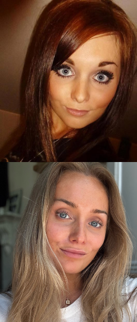 Ali Pantony in 2008 with full lashes and today, embracing the no mascara trend