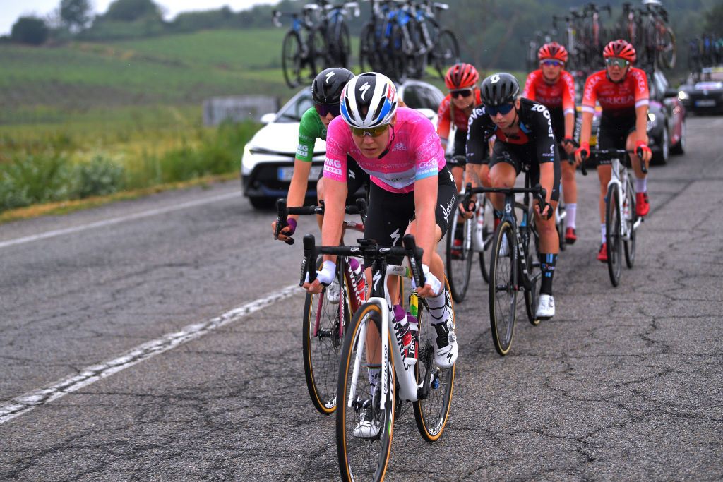 OVADA ITALY JULY 04 Demi Vollering of Netherlands Green Points Jersey Anna Van Der Breggen of Netherlands and Team SD Worx Pink Leader Jersey during the 32nd Giro dItalia Internazionale Femminile 2021 Stage 3 a 135km stage from Casale Monferrato to Ovada GiroDonne UCIWWT on July 04 2021 in Ovada Italy Photo by Luc ClaessenGetty Images