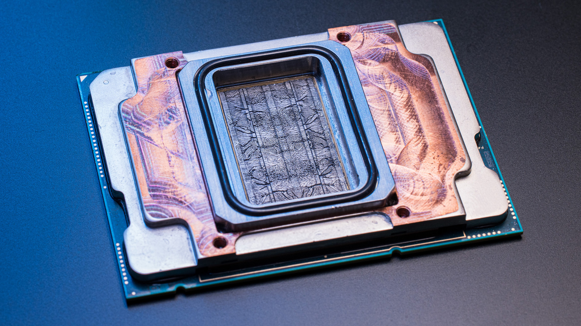An image of an experimental cooling solution developed by Microsoft, that uses microfluidics to get coolant directly into the processor's silicon.