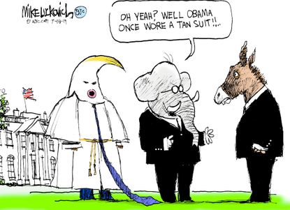 Political Cartoon U.S. Obama Tan Suit GOP Trump Klan Robes