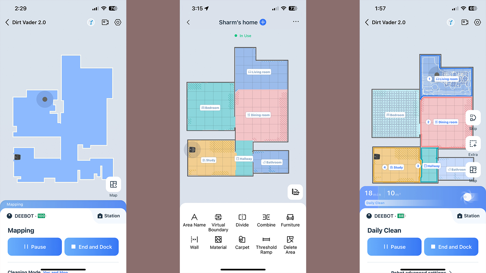 Screenshots of the Ecovacs Home app showing the mapping process and the robot's location