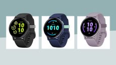 Garmin Vivoactive 5 deal in three colourways - black, blue, and purple - sitting side by side