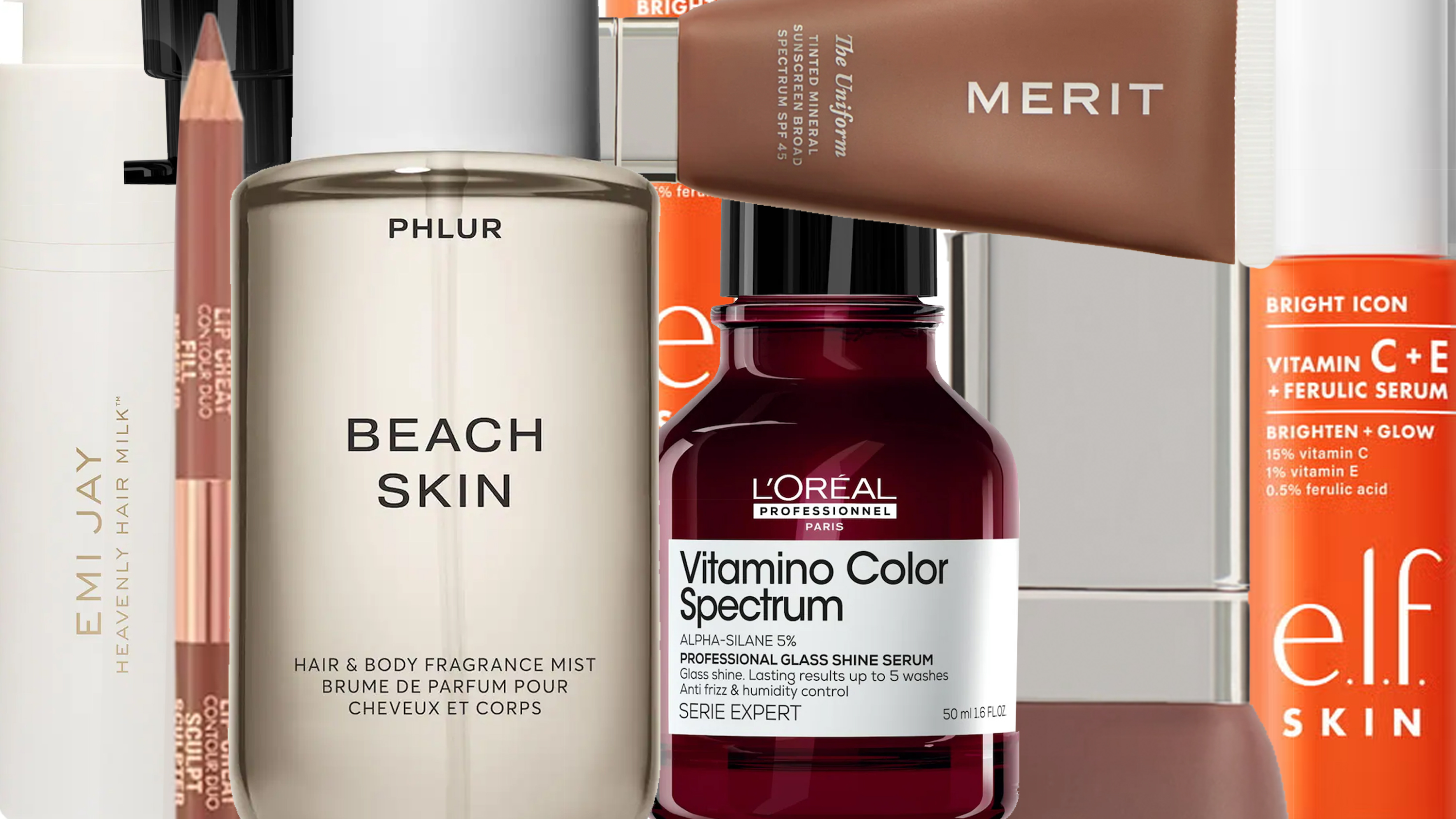 Product collage of Phlur Beach skin body mist, Merit The Uniform tinted sunscreen, L'Oréal Professionnel Vitamino Color Spectrum Glass Shine Hair Serum, E.l.f. Skin Bright Icon Vitamin C + E + Ferulic Serum, and Charlotte Tilbury Super Nudes Lip Cheat Contour Duo Lip Liner