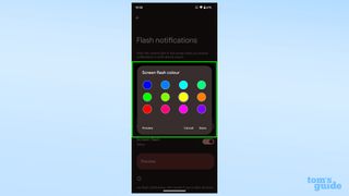 A screenshot showing the screen flash color options in Android 14