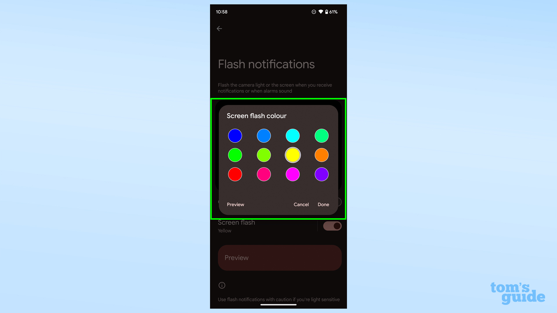 Снимок экрана, показывающий параметры цвета вспышки экрана в Android 14.