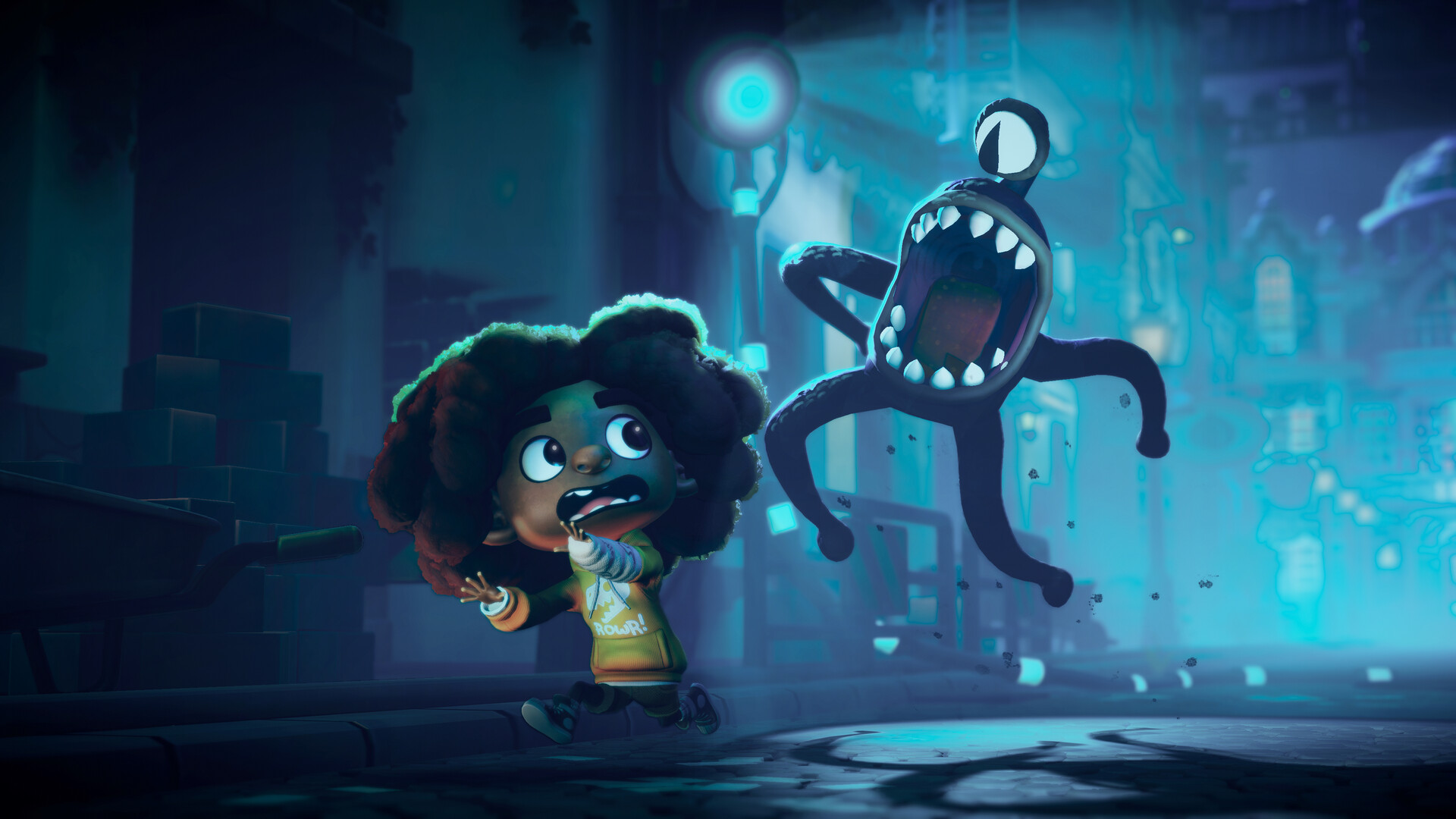 A cyclops monster jumping at a little kid