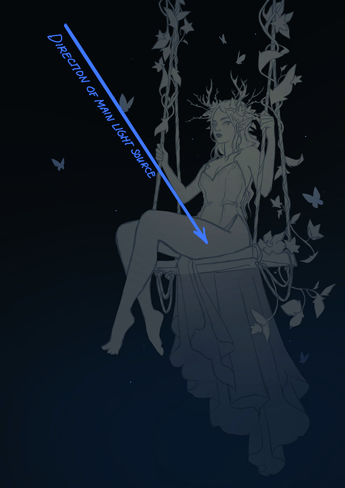 Digital art showing a fairy on a swing