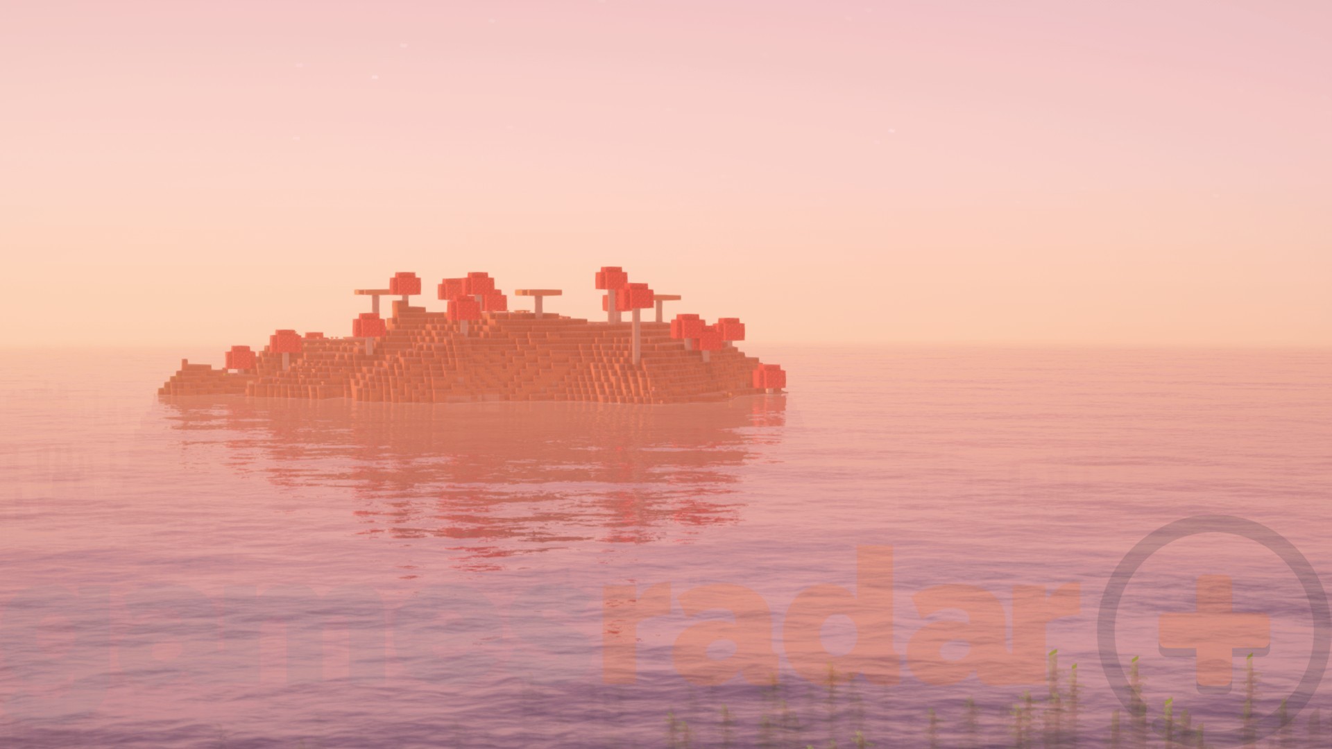 The view of a mushroom field from spawn at sunset on one of the best Minecraft seeds.