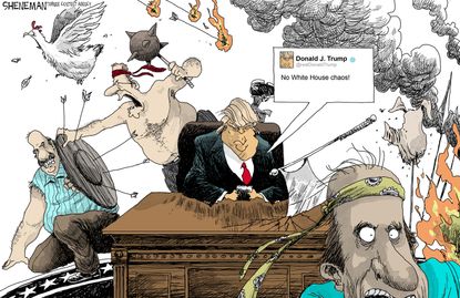 Political cartoon U.S. Trump tweets White House firings chaos