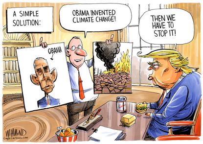 Political cartoon U.S. Trump climate change denial Obama flashcards