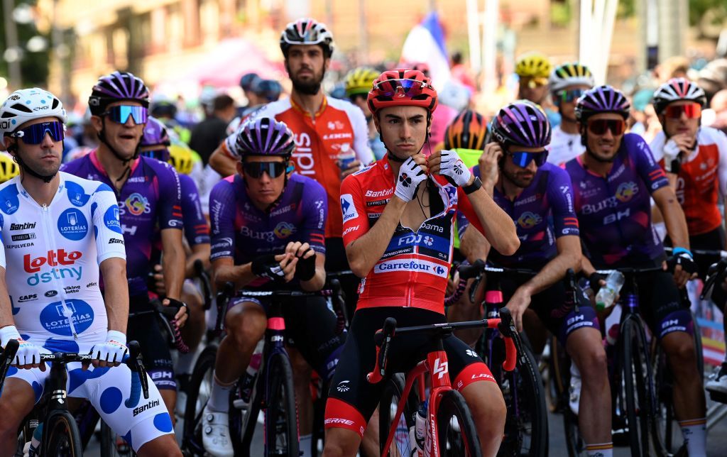 Team GroupamaFdjs French rider Lenny Martinez C and the rest of riders gather for the start of the stage 7 of the 2023 La Vuelta cycling tour of Spain a 201 km race from Utiel to Oliva on September 1 2023 Photo by JOSE JORDAN AFP Photo by JOSE JORDANAFP via Getty Images