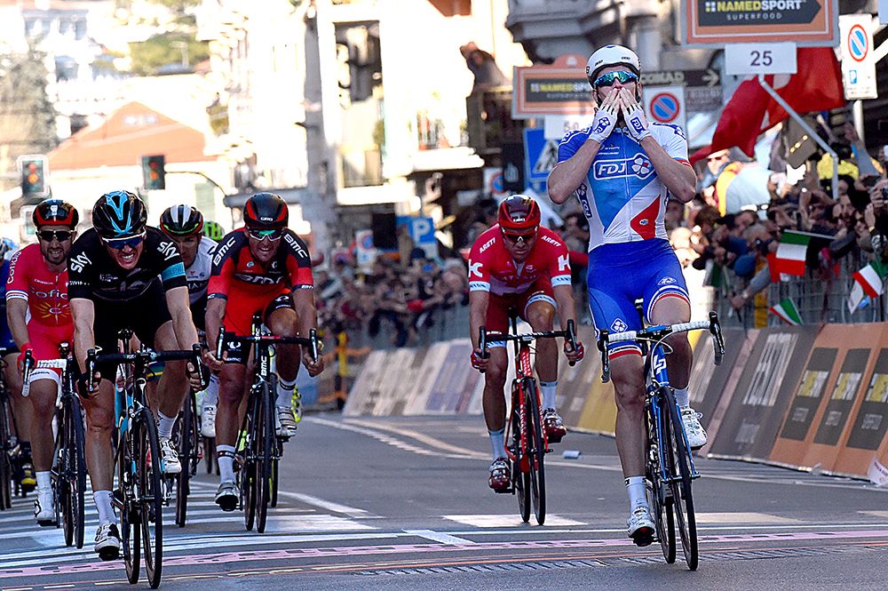Arnaud Demare (FDJ) celebrates his victory in Milan-San Remo
