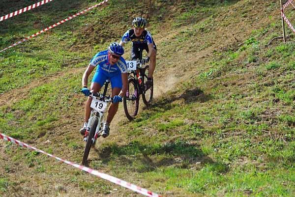 Samo Rauter (Ganesha Team) from Slovenia leads Croatian elite rider Velimir Kokot (KK Jastrebarsko).