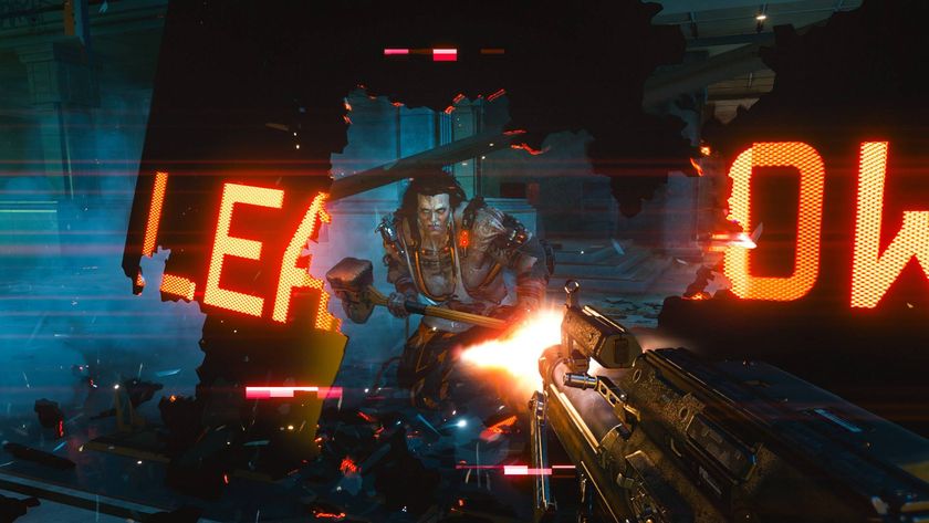 A cyberpsycho with a sledgehammer approaching the player through a broken sign in Cyberpunk 2077.