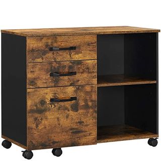 rustic filing cabinet with shelves on wheels