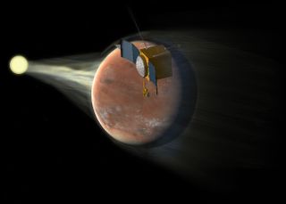 Maven is shown studying how Mars loses its atmosphere to space in this artist's illustration.