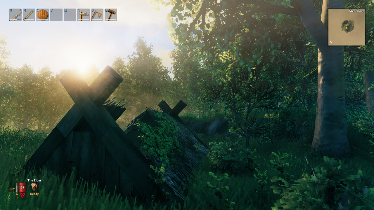 Valheim old log cabin with depth of field on and off