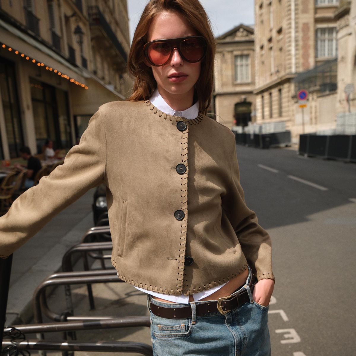 model wearing zara jacket