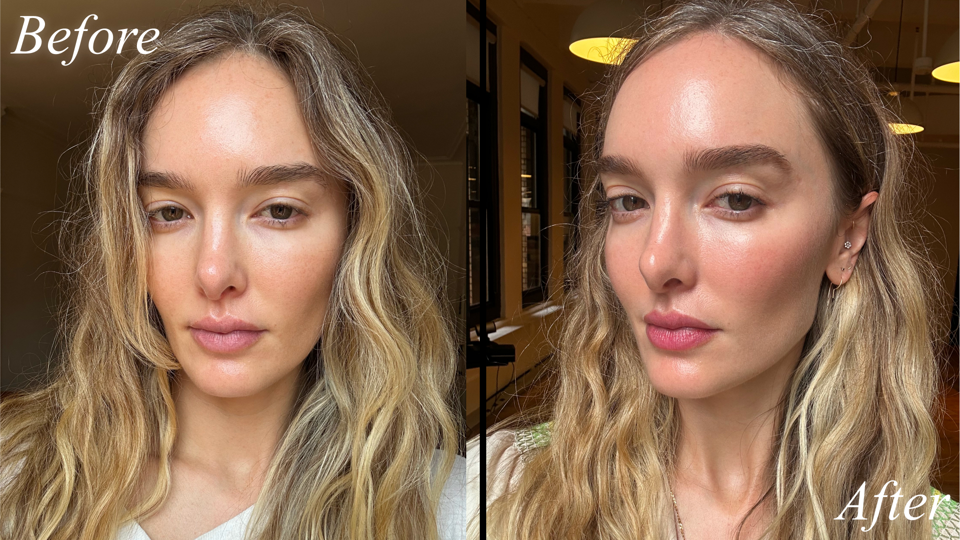 Before and after photos of Hannah Baxter testing mary phillips m.ph makeup line with black border and "before" and "after" text