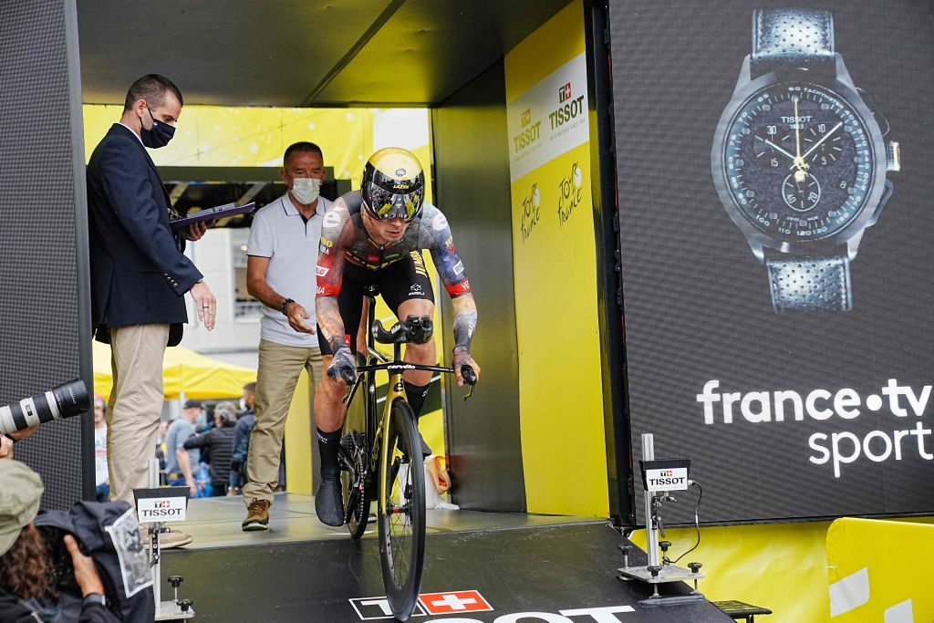 JumboVisma teams Slovenian rider Primoz Roglic takes the start of the 1st stage of the 109th edition of the Tour de France cycling race 132 km individual time trial stage in Copenhagen on July 1 2022 Denmark OUT Photo by Bo Amstrup Ritzau Scanpix AFP Denmark OUT Photo by BO AMSTRUPRitzau ScanpixAFP via Getty Images