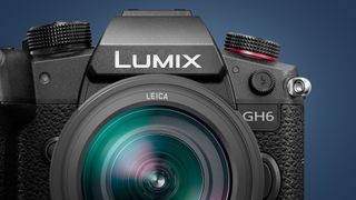 The Panasonic Lumix GH6 on a blue background