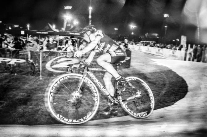The CrossVegas course featured a fast banked wooden turn.