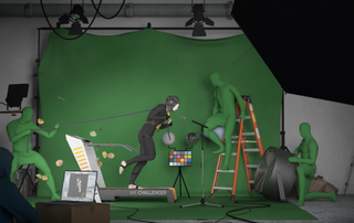 An image by artist Julienne Aldrich for the Alternate Realities 3D Challenge. A man in a motion capture suit pulls a chain while on a treadmill.
