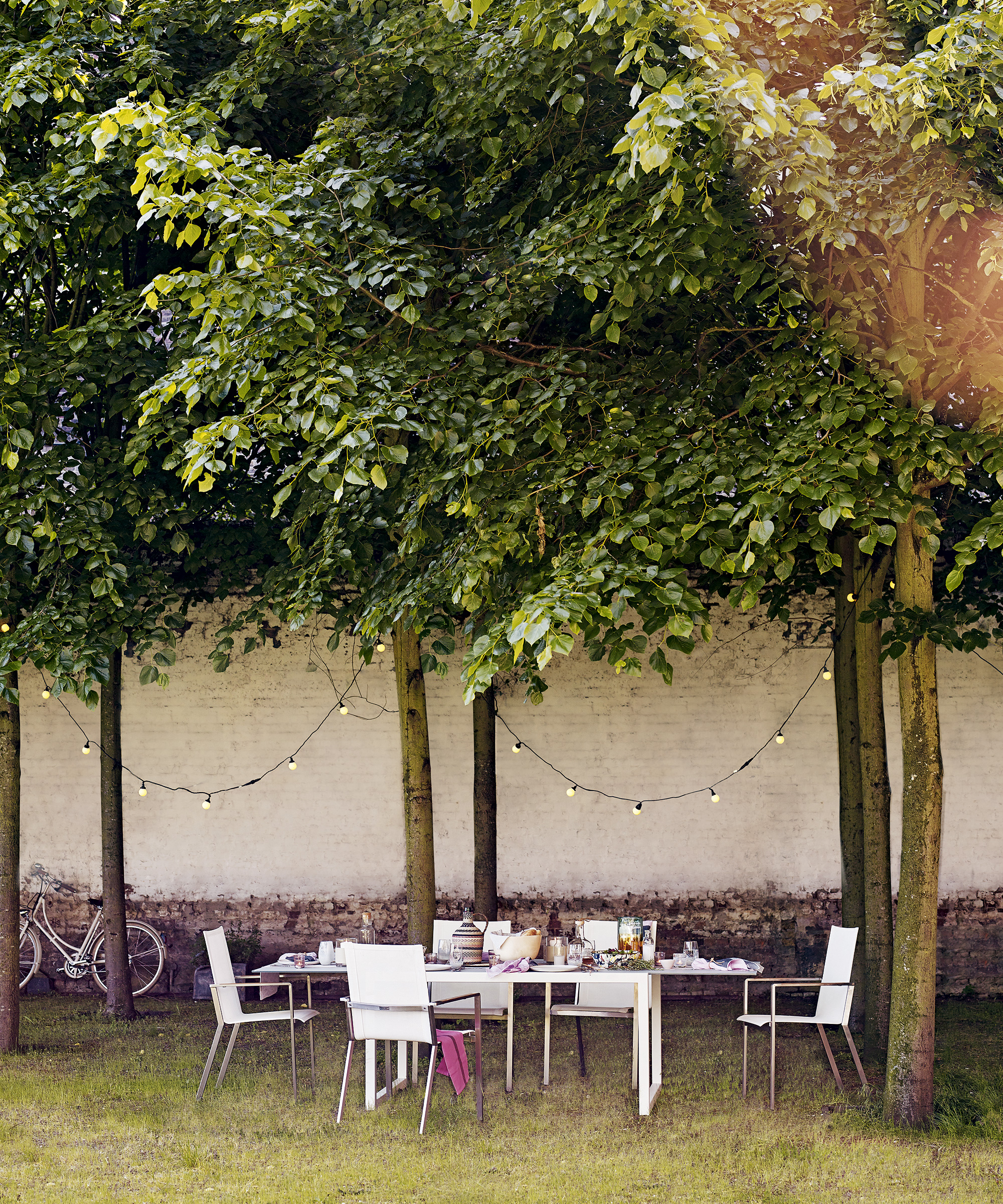 Garden decorating ideas showing trees strung up with lights and a table set for an outdoor feast