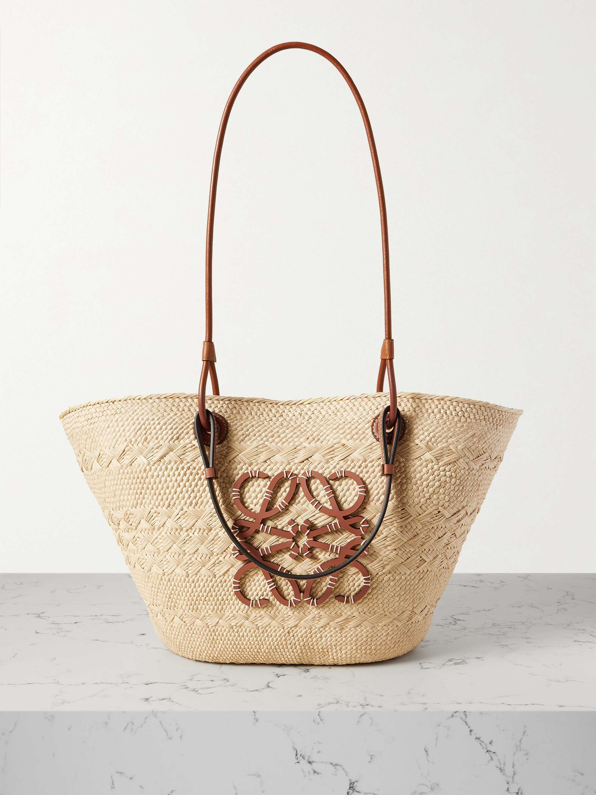+ Paula's Ibiza Anagram Medium Leather-Trimmed Woven Raffia Tote