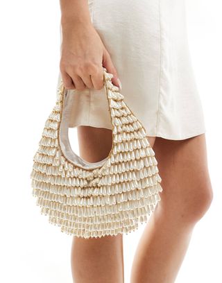 True Decadence Pearl Drop Embellished Shoulder Bag in Cream