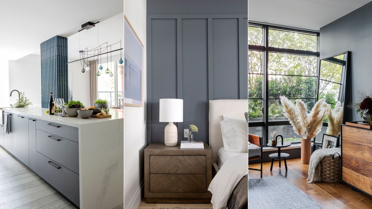 Three rooms using similar shades to Sherwin-Williams&#039; Storm Cloud