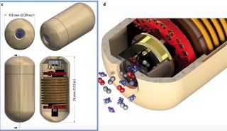 The dimensions (C) of the capsule; and (D) a drawing showing gas penetrating the membrane, allowing the gas to reach the sensing elements.