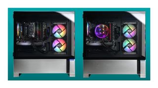 Two CyberPowerPC gaming PC prebuilts on a teal deal background for Amazon Prime Day.