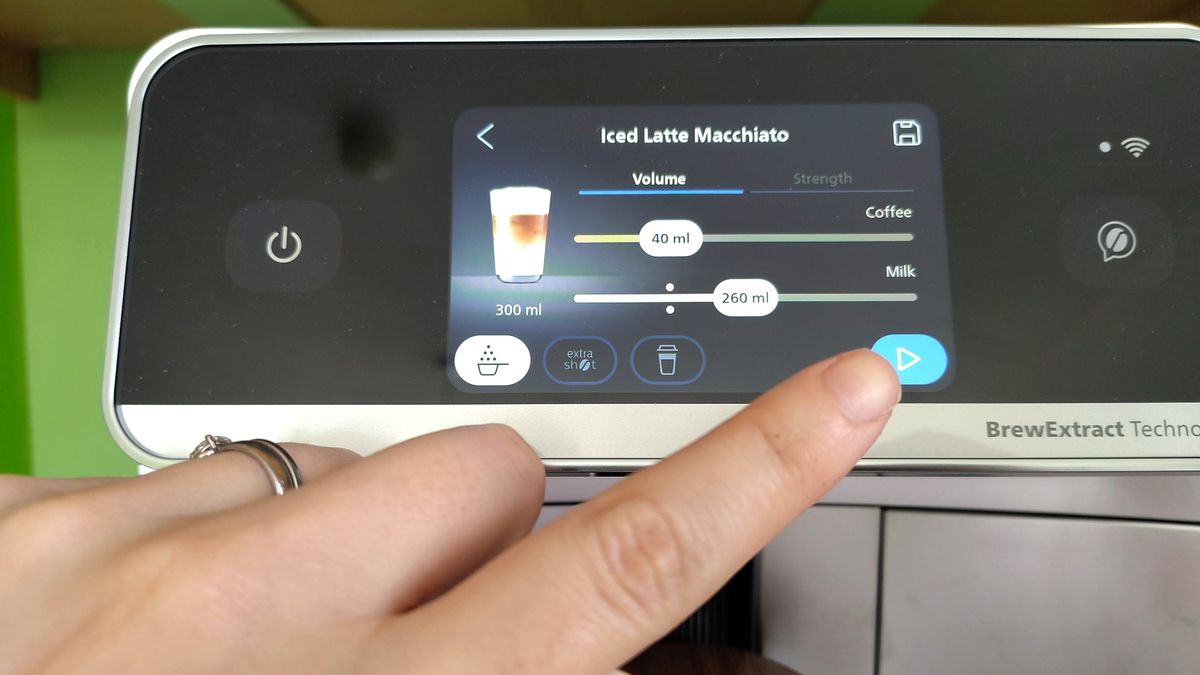 Adjusting brew settings for Philips Cafe Aromis Series 8000 coffee maker using touchscreen