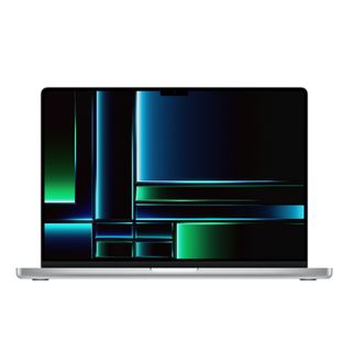 MacBook Pro 16-tum (2023) mot en hvit bakgrunn, med skjermen åpen.