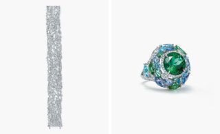 At right, a round cut green tourmaline ring decorated with round and marquise diamonds