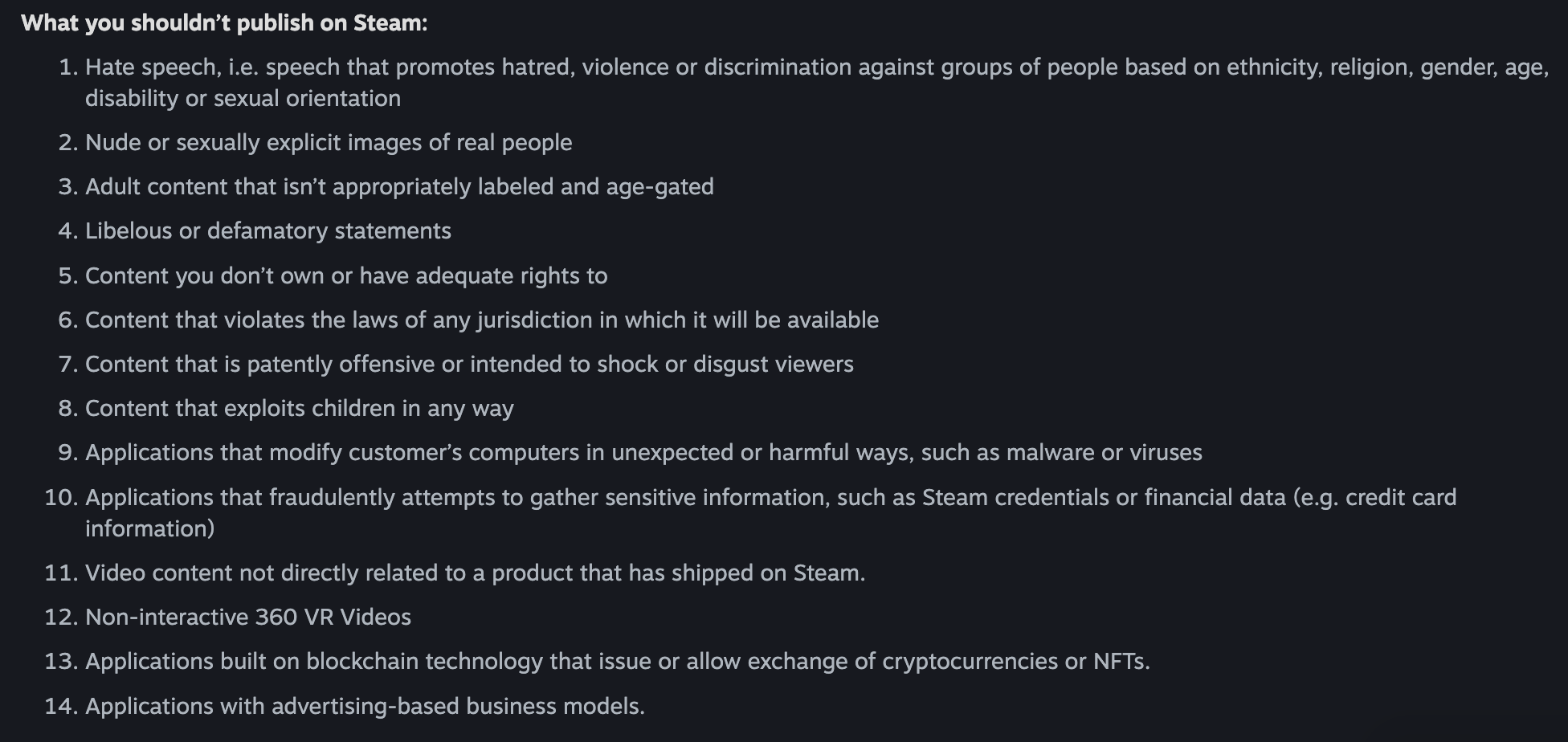 Steam's rules from April 2025, showing no ban on content that might violate payment processor rules.