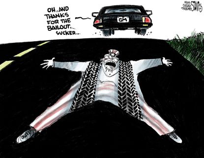 Political cartoon U.S. Trump Uncle Sam GM plant closure job loss subsidies