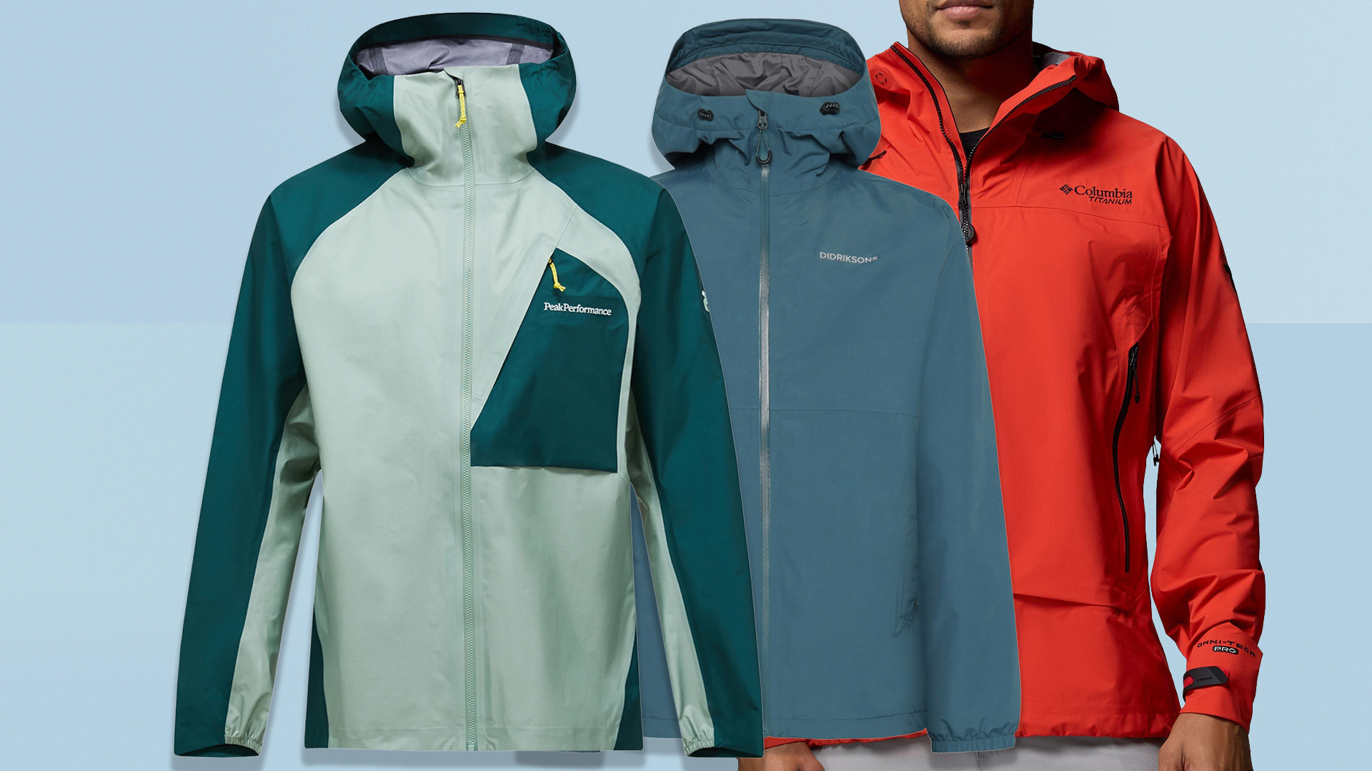 Waterproof jackets on blue background