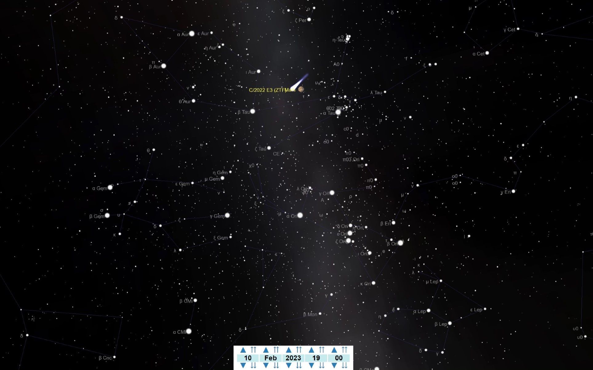 An illustration of the night sky on February 10, showing the position of Comet C/2022 E3 (ZTF) near Mars.