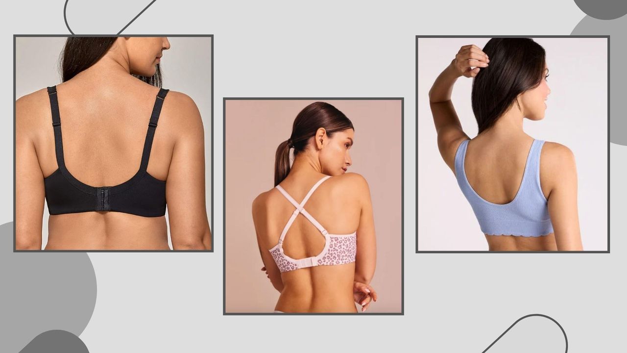 A selection of models wearing three of the best bras for back fat from Delimira, Freya and Boux Avenue