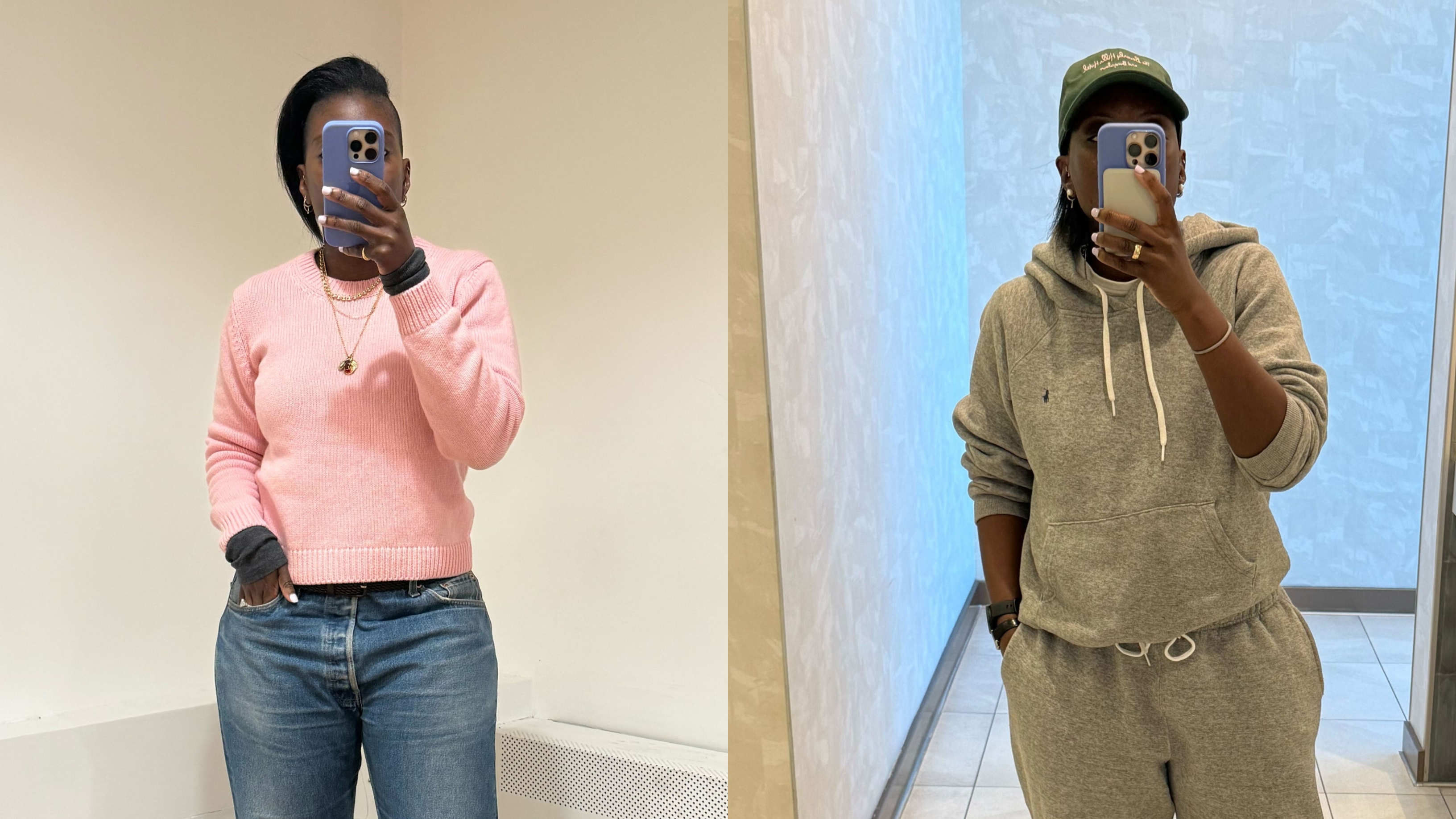 Nikki Ogunnaike wearing a pink sweater and jeans; Nikki Ogunnaike wearing a gray sweatsuit 